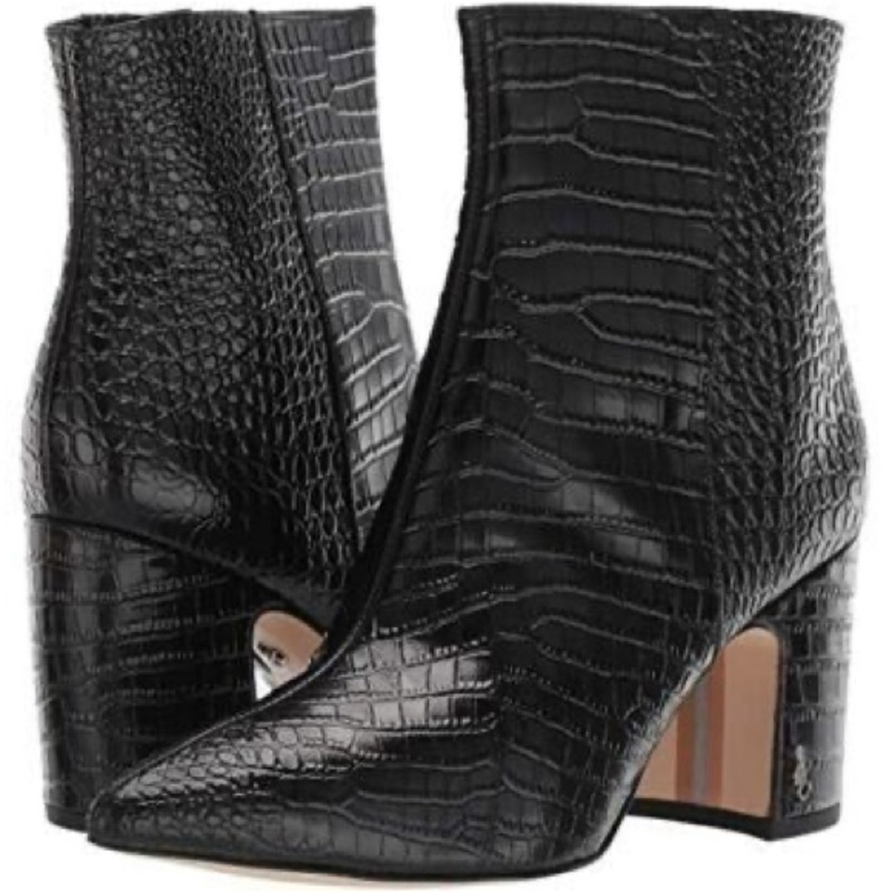 Black Crocodile-Embossed Ankle Boots